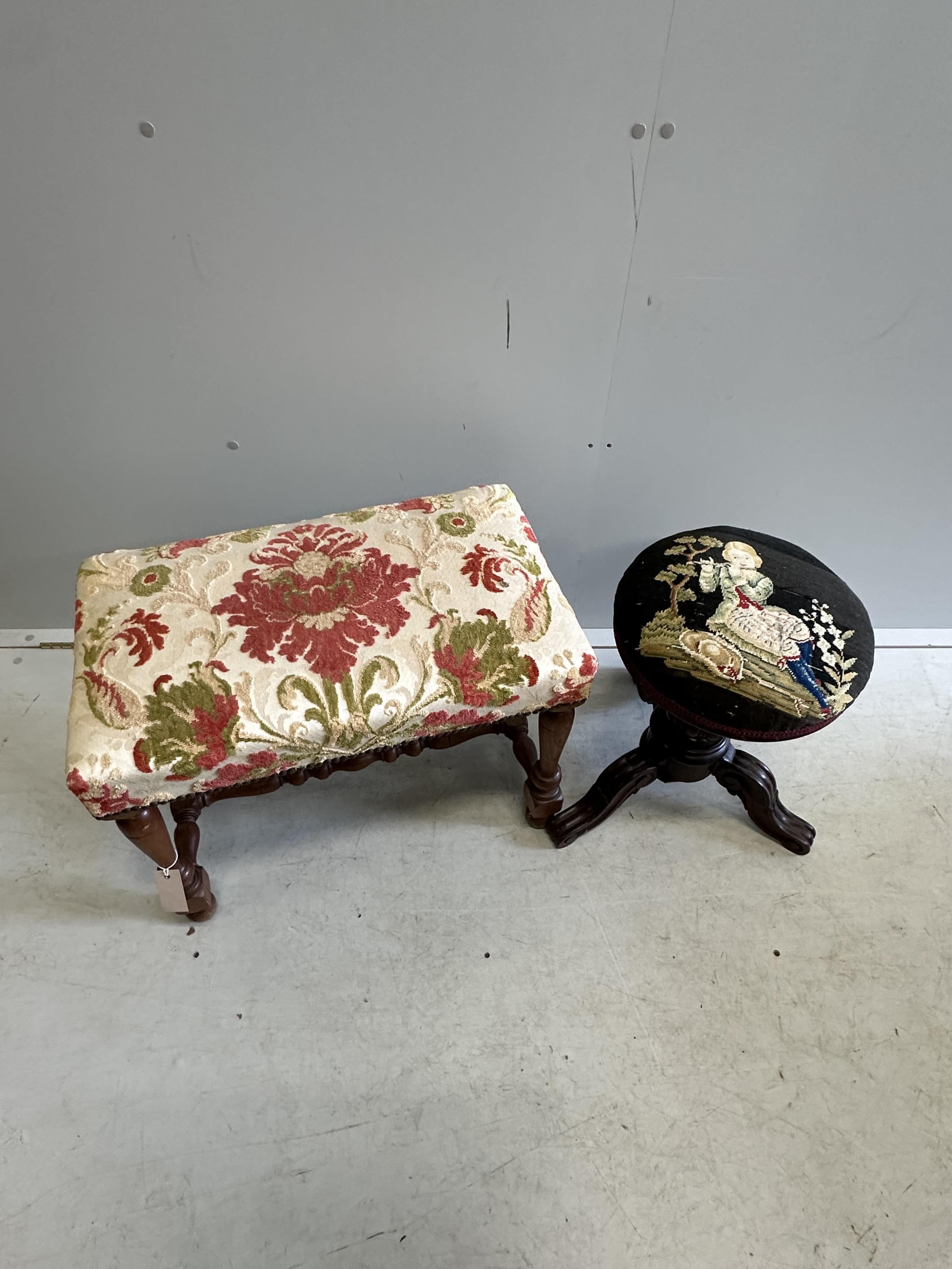 A Victorian rosewood adjustable piano stool, together with a later turned oak dressing stool. Condition - fair